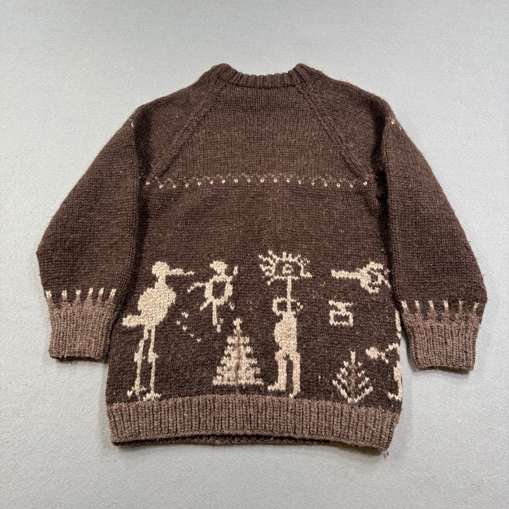 Vintage Hand Knit Sweater Men's XL Brown Folk Art Viking Wool Crewneck Pullover